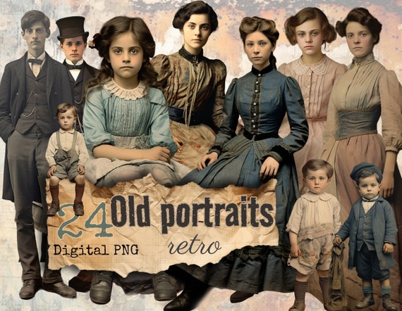 Portraits anciens rétro colorisés 24 PNG transparent vintage Junk Journal Scrapbooking début de siècle Fussy cuts 