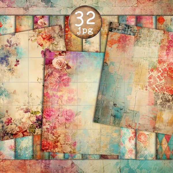 32 Romantic Shabby Chic Pastel Papers, Floral Backgrounds, Vintage Elegance, A4, Scrapbook backgrounds, JPG Commercial use, junk journal