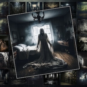 May include: A dark and eerie bedroom with a white sheet draped over a bed. A ghostly figure in a white gown stands in the room, with a window behind it. The room is dimly lit, with a chandelier hanging from the ceiling.