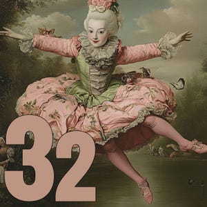 Puede incluir: Impresión de arte digital de una mujer con un vestido de estilo rococó rosa y verde, con el número "32" superpuesto. La mujer posa en el aire con los brazos extendidos, sobre un fondo de lago y árboles.