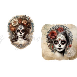 May include: Two illustrations of a woman with sugar skull makeup, adorned with floral headpieces. One features a mix of brown and cream-colored flowers, the other showcases red roses. Both have detailed face paint.