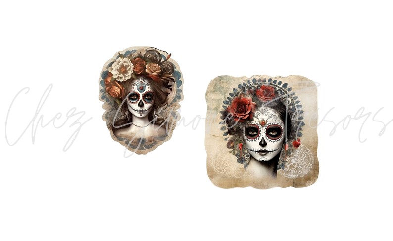 May include: Two illustrations of a woman with sugar skull makeup, adorned with floral headpieces. One features a mix of brown and cream-colored flowers, the other showcases red roses. Both have detailed face paint.