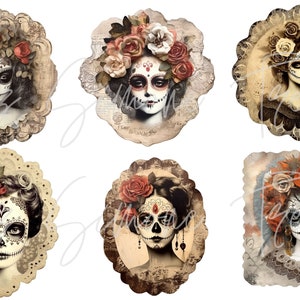 May include: A collection of six vintage-style illustrations featuring Day of the Dead sugar skull women. Each image showcases a woman with intricate face paint, adorned with flowers and set against a textured, aged background. The designs are in a sepia and muted color palette.