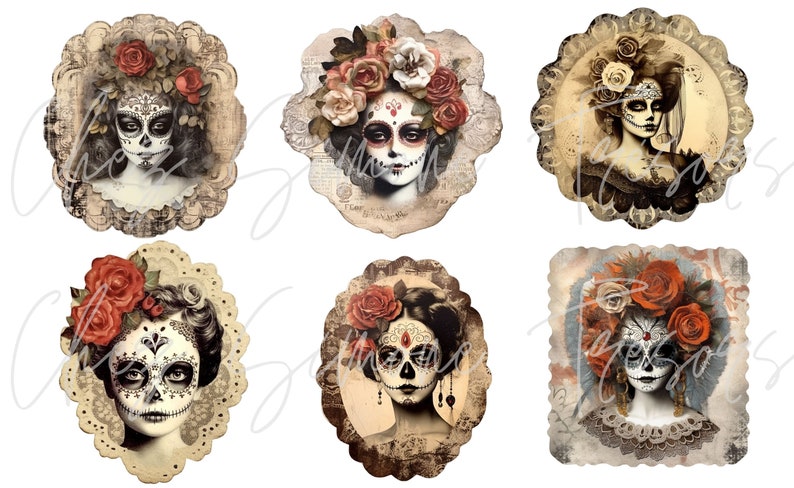 May include: A collection of six vintage-style illustrations featuring Day of the Dead sugar skull women. Each image showcases a woman with intricate face paint, adorned with flowers and set against a textured, aged background. The designs are in a sepia and muted color palette.
