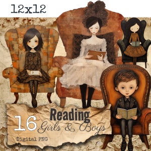 Clipart Autumn Reading girl, boys for Junk journal, bundle, Scrapbooking, Crafting, PNG transparent, COMMERCIAL USE, digital download
