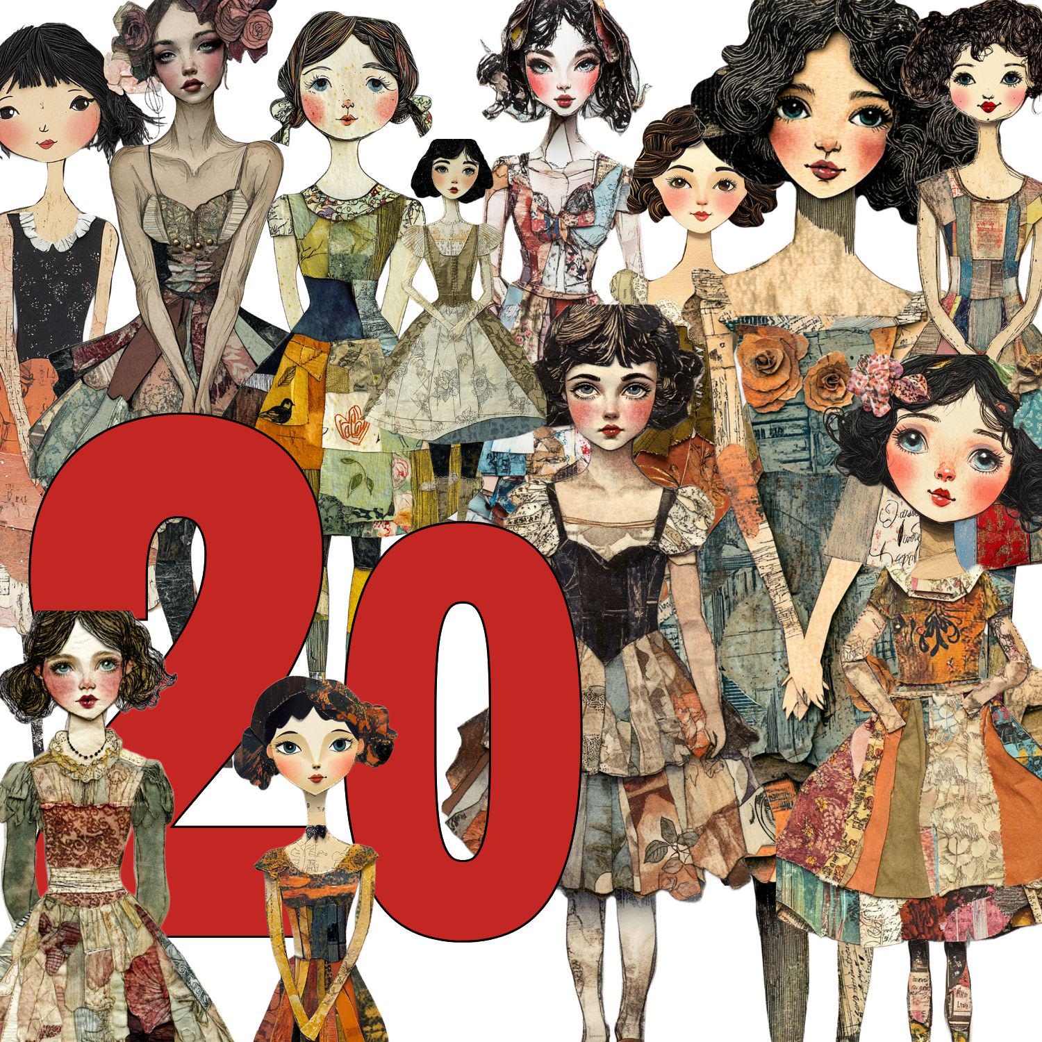 20 Paper Dolls PNG Illustrations Vintage Collage & Mixed Media Digital Cutout 8.5x11" for Junk Journal Scrapbooking