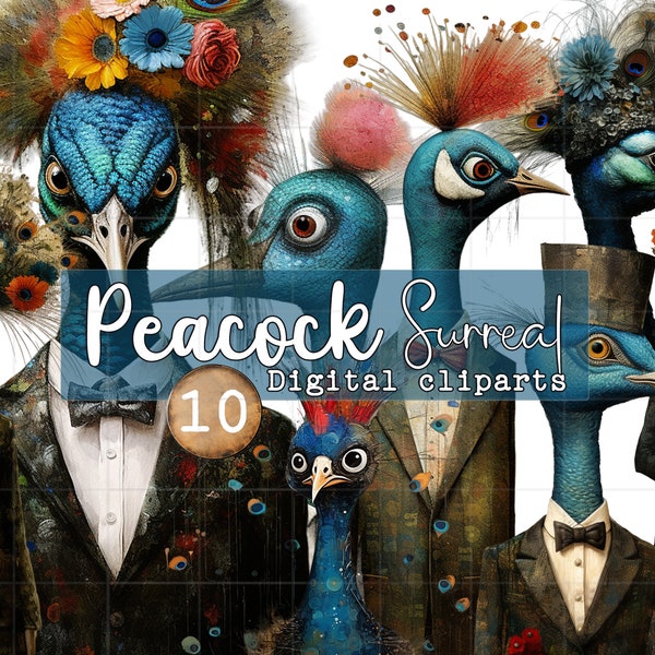 Surreal Peacock Clipart, PNG, Bundle of 10, carte, fond transparent, Paon, commercial use, instant download