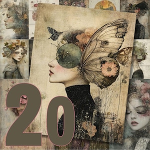 Peut inclure: Un collage d'illustrations de style vintage mettant en scène des femmes avec des ailes de papillon et des accents floraux. Les images sont dans des tons de brun, vert et rose, avec un aspect vieilli et détérioré.