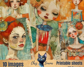 10 JPG Images Pretty Young Girls with Red and Eccentric Hair Instant Download Junk journal commercial use