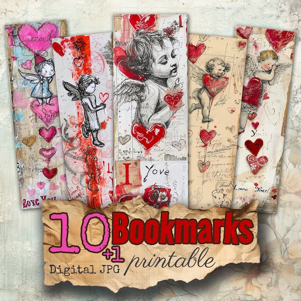 Set of 10 Illustrated Bookmarks for Valentine's Day Naive Drawings 2x6 inches HD 300 DPI commercial use