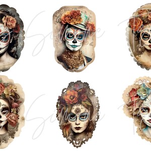 May include: Six vintage-style illustrations of women with sugar skull makeup, adorned with floral crowns and decorative frames. The artwork features a Day of the Dead theme, with intricate details and a soft color palette.