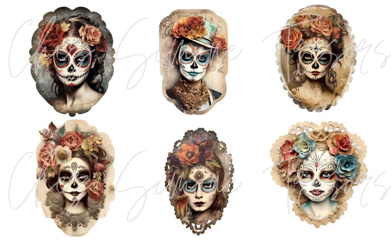 May include: Six vintage-style illustrations of women with sugar skull makeup, adorned with floral crowns and decorative frames. The artwork features a Day of the Dead theme, with intricate details and a soft color palette.