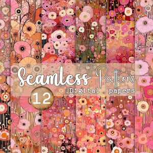 Peut inclure: Un ensemble de 12 papiers numériques avec des motifs floraux sans couture en rose, orange et blanc. Les motifs sont abstraits et géométriques, avec une ambiance moderne et fantaisiste.