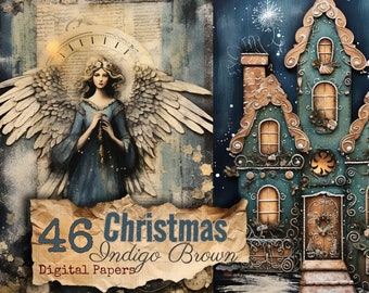 Christmas Junk Journal Indigo and Brown mixed media printable papers journaling supply instant download card making Angel and carolers