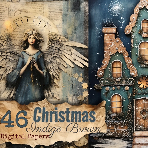 Christmas Junk Journal Indigo and Brown mixed media printable papers journaling supply instant download card making Angel and carolers