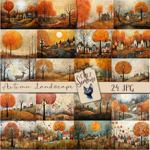 Peut inclure: Une collection de 16 peintures à l'aquarelle représentant des paysages d'automne. L'œuvre présente des arbres orange et jaunes, des maisons et un cerf. Le texte "Autumn Landscape" et "24 JPG" sont visibles. Une étiquette avec une illustration de chat noir indique "Chez Simone".