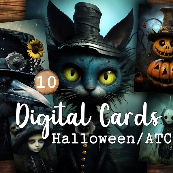 10 cards ATC Haunting Halloween Illustrations JPG Cards Witches Owls Cats Dragons More commercial use digital download Spooky cards