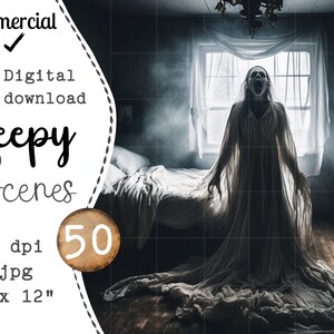 May include: A ghostly figure in a white gown stands in a room with a bed and a window. The figure is screaming with its mouth open. The room is filled with fog and the window is covered in a white curtain.