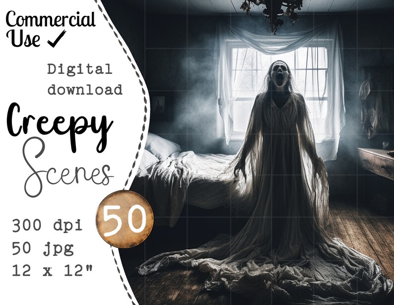 May include: A ghostly figure in a white gown stands in a room with a bed and a window. The figure is screaming with its mouth open. The room is filled with fog and the window is covered in a white curtain.
