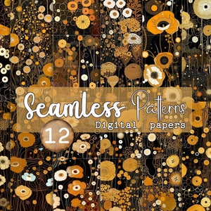 May include: A collection of 12 digital seamless patterns featuring floral designs in shades of gold, brown, and white against a black background. The patterns include various stylized flowers and botanical elements. The words "Seamless Patterns" and "Digital papers" are displayed.
