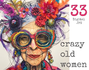 Crazy old women Bundle of 33 jpg whimsical old lady Scrapbooking Design Instant Download Junk journal commercial use