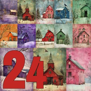 24 images Granges de Noël Décors enneigés et couleurs festives : rouge, vert, rose, violet, bleu et orange pour vos créations cartes de noël