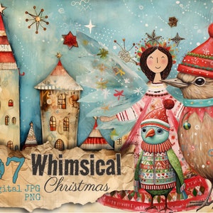 Whimsical Christmas Junk Journal Kit Ephemera ATC Tags Pocket Scrapbook Supply Pages Digital Items commercial use Blue Red