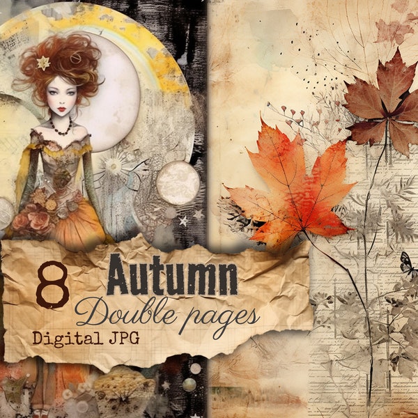 Fall junk journal autumn ladies and leaves collage scrapbooking vintage paper sheet digital download double pages ephemera