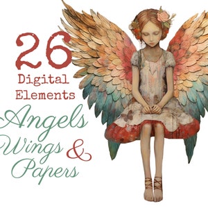 Ailes d'Ange, Anges et Papiers romantique média mixte fantaisiste pour junk journal 26 elements commercial use digital download