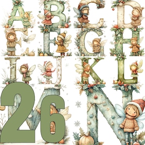Alfabeto navideño ilustrado 26 letras con pequeñas hadas mágicas decoración festiva en acuarela ideal para bricolaje PNG transparente