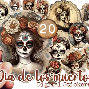 May include: A collection of 20 digital stickers featuring detailed illustrations of D&iacute;a de los Muertos sugar skulls. The stickers showcase women with elaborate floral headpieces, intricate face paint, and decorative elements. The text "Dia de los Muertos Digital Stickers" is also visible.