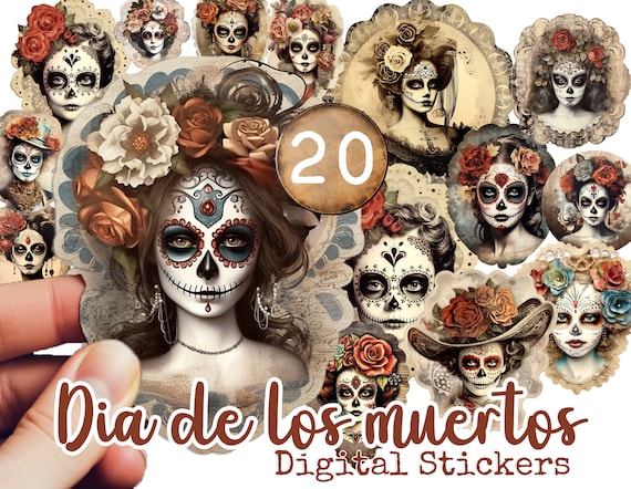20 Stickers Dia de Los Muertos PNG transparent background DIGITAL printable la catrina Mexican art Téléchargement commercial use