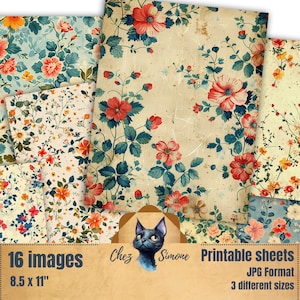 16 image Fleurs style rétro vintage JPG ATC cartes journal carte carte postale commercial use digital download
