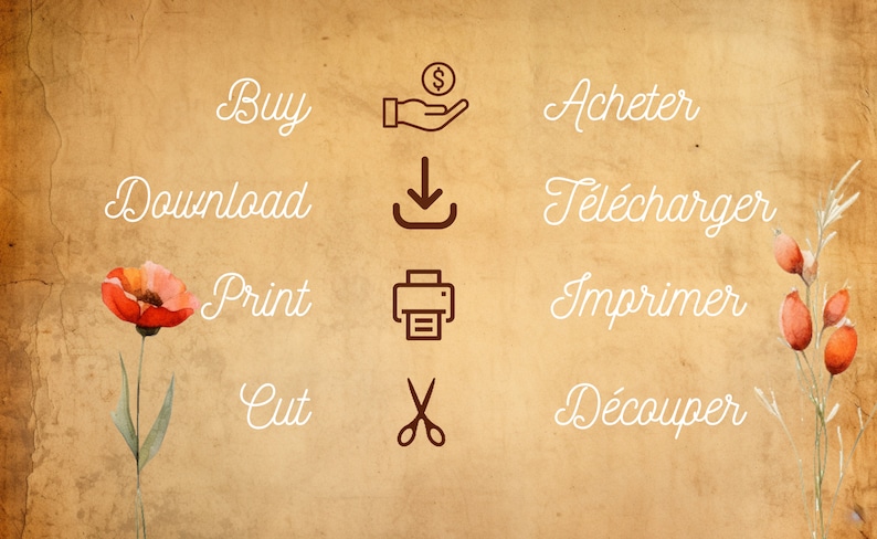 May include: A vintage-style graphic with the words "Buy, Download, Print, Cut" and corresponding icons. The image features a watercolor poppy and floral accents on a textured, sepia-toned background.