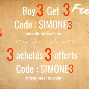 May include: A vintage-style promotional graphic on a tan background. It features the text "Buy 3 Get 3 Free" and "3 achet&eacute;s 3 offerts" with the code "SIMONE3". Decorative elements include a watercolor poppy and a cat illustration.
