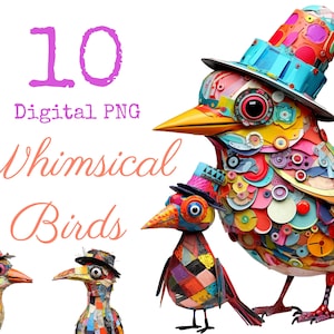 10 Oiseaux colorés whimsical Fantasques PNG Vivid Color junk journal supplies commercial Use