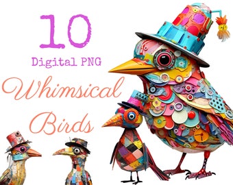 10 Colorful Birds Whimsical Whimsical PNG Vivid Color junk journal supplies commercial Use