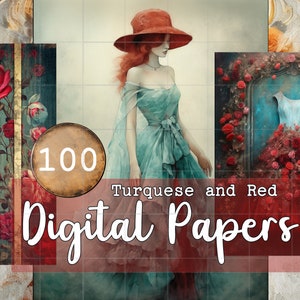Kit 100 Digital Papers Romantiques Turquoise et Rouge scrapbook cottage angel cat horse art digital téléchargement commercial use DIY