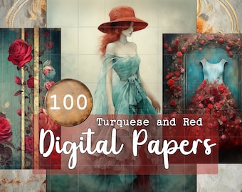 Kit 100 Digital Papers Romantic Turquoise and Red scrapbook cottage angel cat horse art digital download commercial use DIY