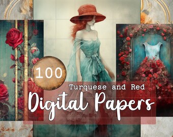 Kit 100 Digital Papers Romantic Turquoise and Red scrapbook cottage angel cat horse digital art download commercial use DIY