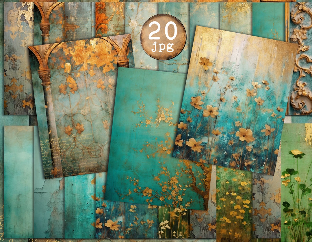 20 Baroque Golden and Turquoise Background Papers, Exquisite Junk