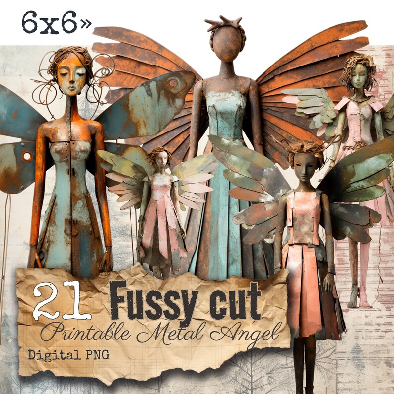 21 Angels Dolls 3D rusty metal fussy cut for junk journal or Scrapbooking Card making artwork Book pages image 1