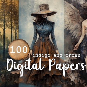 Kit 100 Digital Papers Romantiques Indigo and brown scrapbook piano books angel cat horse art digital téléchargement commercial use DIY