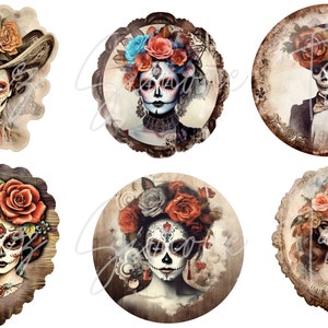 May include: Set of six Day of the Dead themed images. Each image features a skull with elaborate floral decorations, including roses and other flowers. The images are in various shapes, including round and scalloped edges, with a vintage aesthetic.