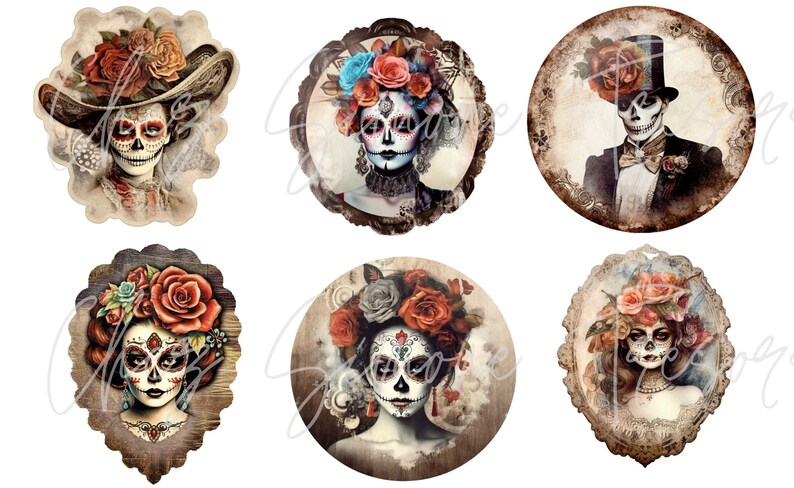May include: Set of six Day of the Dead themed images. Each image features a skull with elaborate floral decorations, including roses and other flowers. The images are in various shapes, including round and scalloped edges, with a vintage aesthetic.