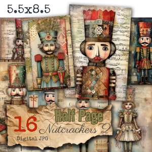 Puede incluir: Un collage de impresiones de arte digital con varias figuras de cascanueces. Las impresiones muestran cascanueces con diferentes uniformes y estilos, con una estética vintage. El texto "16 Half Page Nutcrackers 2 Digital JPG" es visible. Las dimensiones son 14 x 21,6 cm.