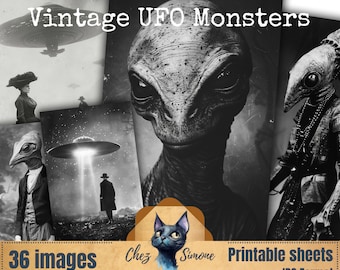 Puede incluir: Un collage digital de 36 imágenes vintage en blanco y negro con OVNIs, monstruos y personas. Las imágenes están dispuestas en una cuadrícula y tienen un aspecto desgastado y envejecido. El texto "Vintage UFO Monsters" está en la parte superior del collage, y el texto "36 images 8.5 x 5.5" está en la parte inferior. El texto "Chez Simone Printable sheets JPG Format 4 different sizes" también está en la parte inferior.