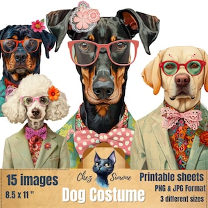 Chiens fantaisiste en costume antropomorphisme pour junk journal 15 elements PNG transparent commercial use digital download