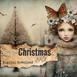 Christmas Junk Journal Kit Ephemera ATC Tags Pocket Scrapbook Supply Scandinavian Pages Digital Items commercial use Blue White Beige