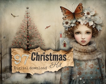 Christmas Junk Journal Kit Ephemera ATC Tags Pocket Scrapbook Supply Scandinavian Pages Digital Items commercial use Blue White Beige